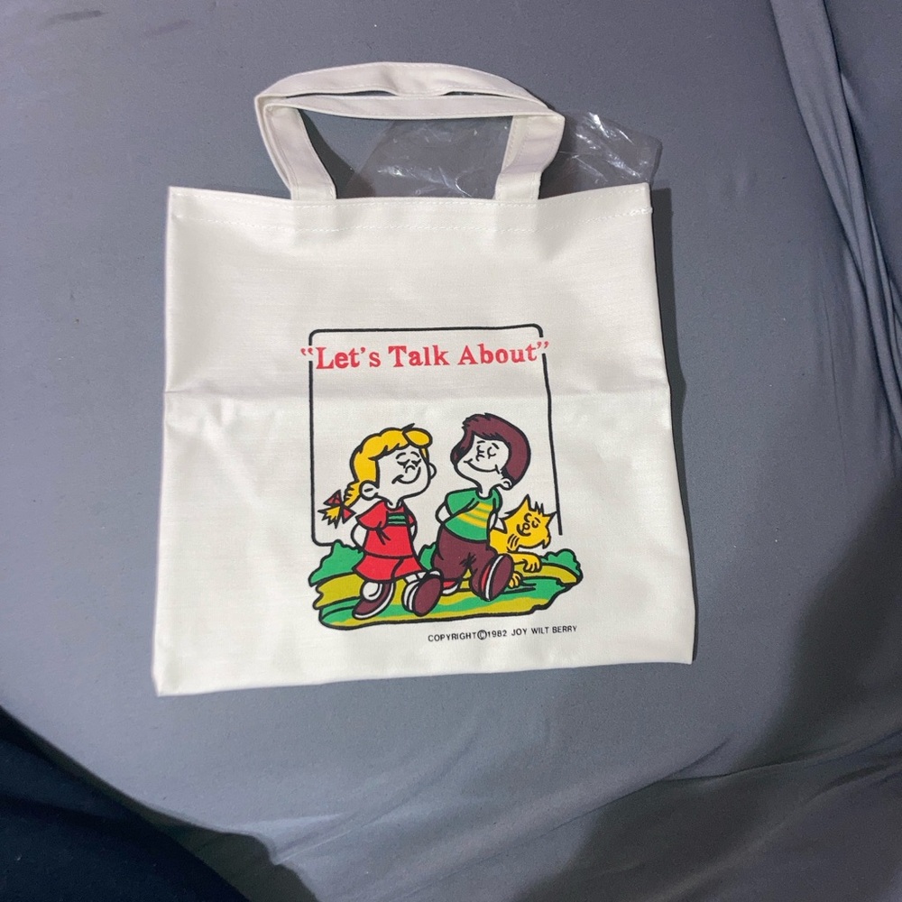 Vintage 1982 Joy Wilt Berry White “Let’s talk about” Tote Bag with Cartoon Print